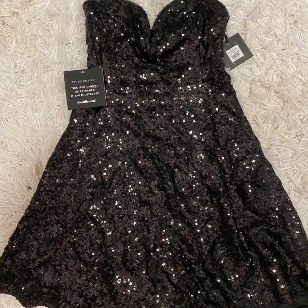 Strapless black sparkly dress